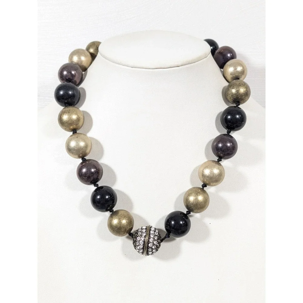 Bronze‎ Tone Black Bead Chunky Magnetic Clasp Rhinestone Necklace Bracelet Set